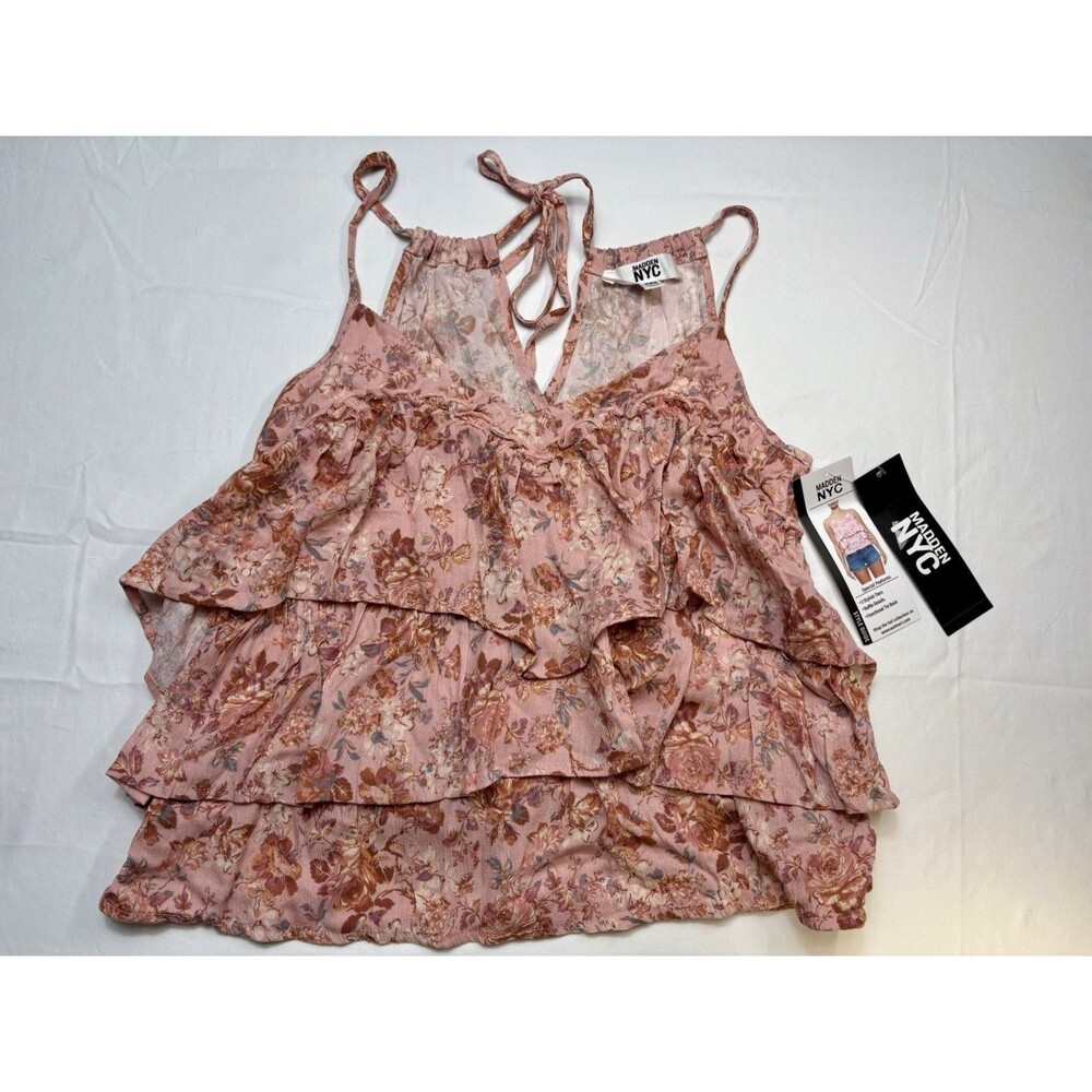 Madden NYC Pink Floral Ruffle V-Neck Sleeveless Cami Tank Top XXS